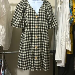 ZARA black and white Gingham midi dress low V neck